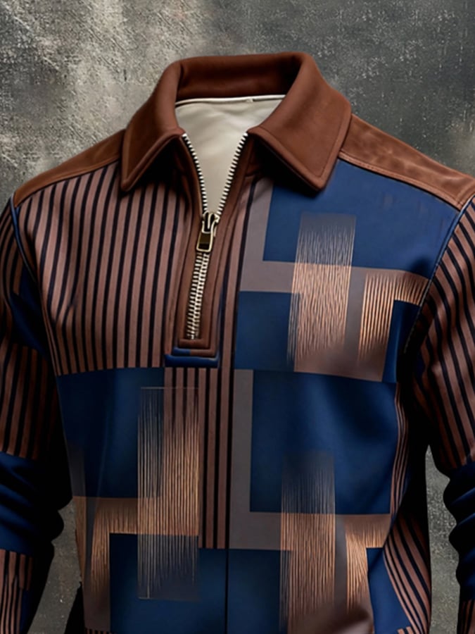 Sudadera retro en bloques de color estampado Color-Blocked con cierre para hombre