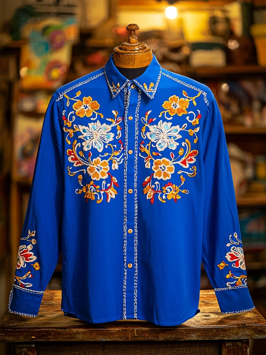 Camisa retro casual Western Ethnic estampado de manga larga para hombre