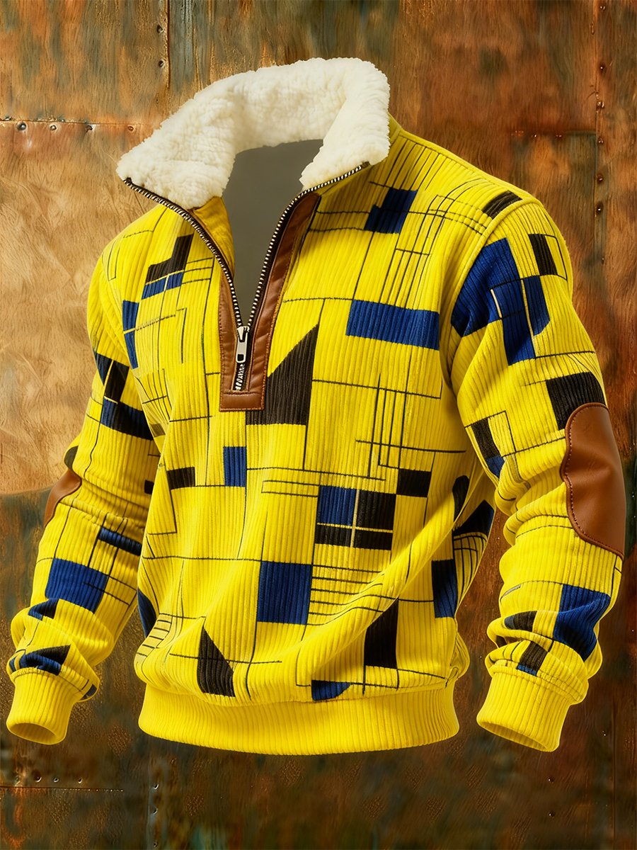 Sudadera retro geométrico Quarter Zip polar Neck para hombre