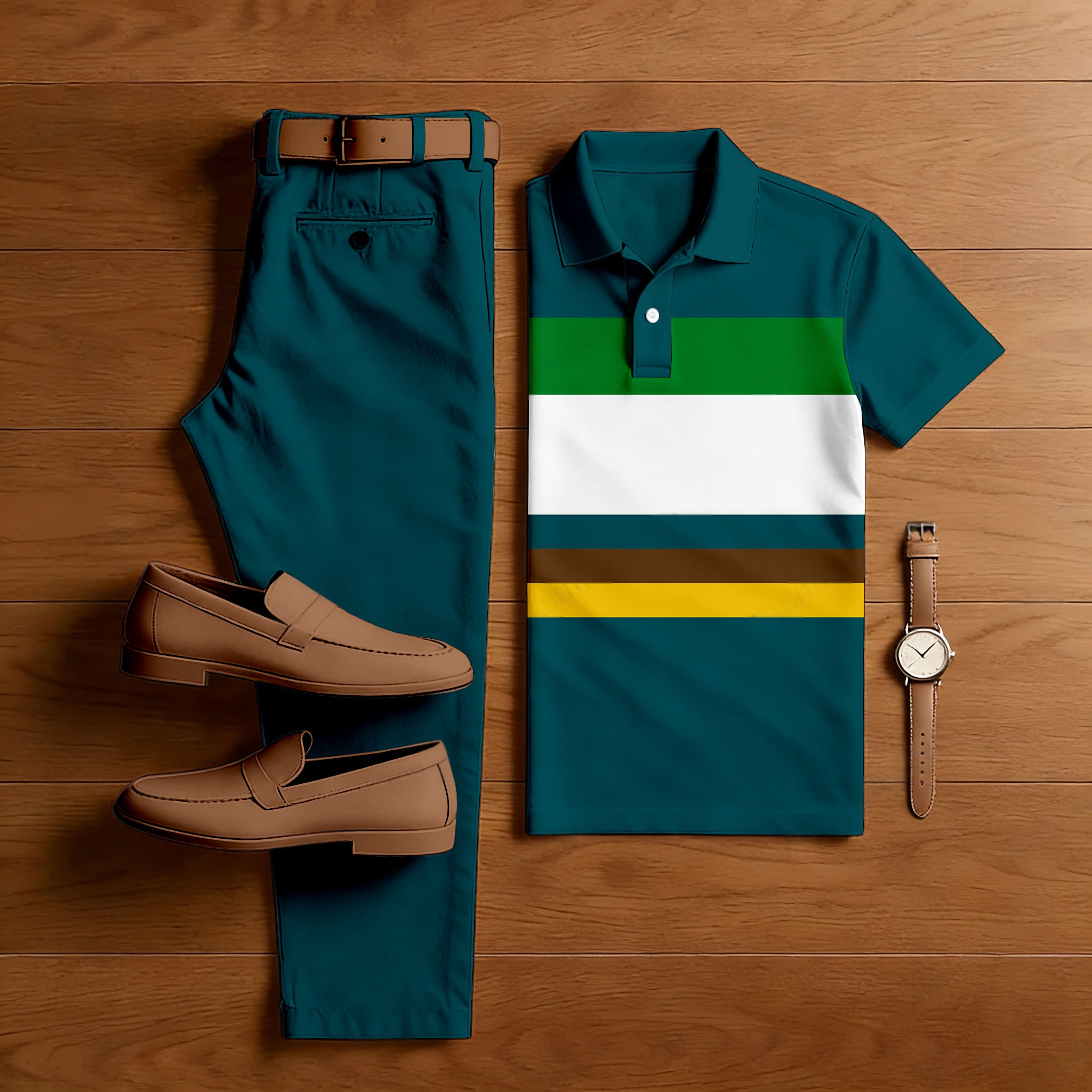 Conjunto de dos piezas casual Peacock Green & Multi Color Matching a rayas estampado de manga corta camisa polo & Trousers para hombre