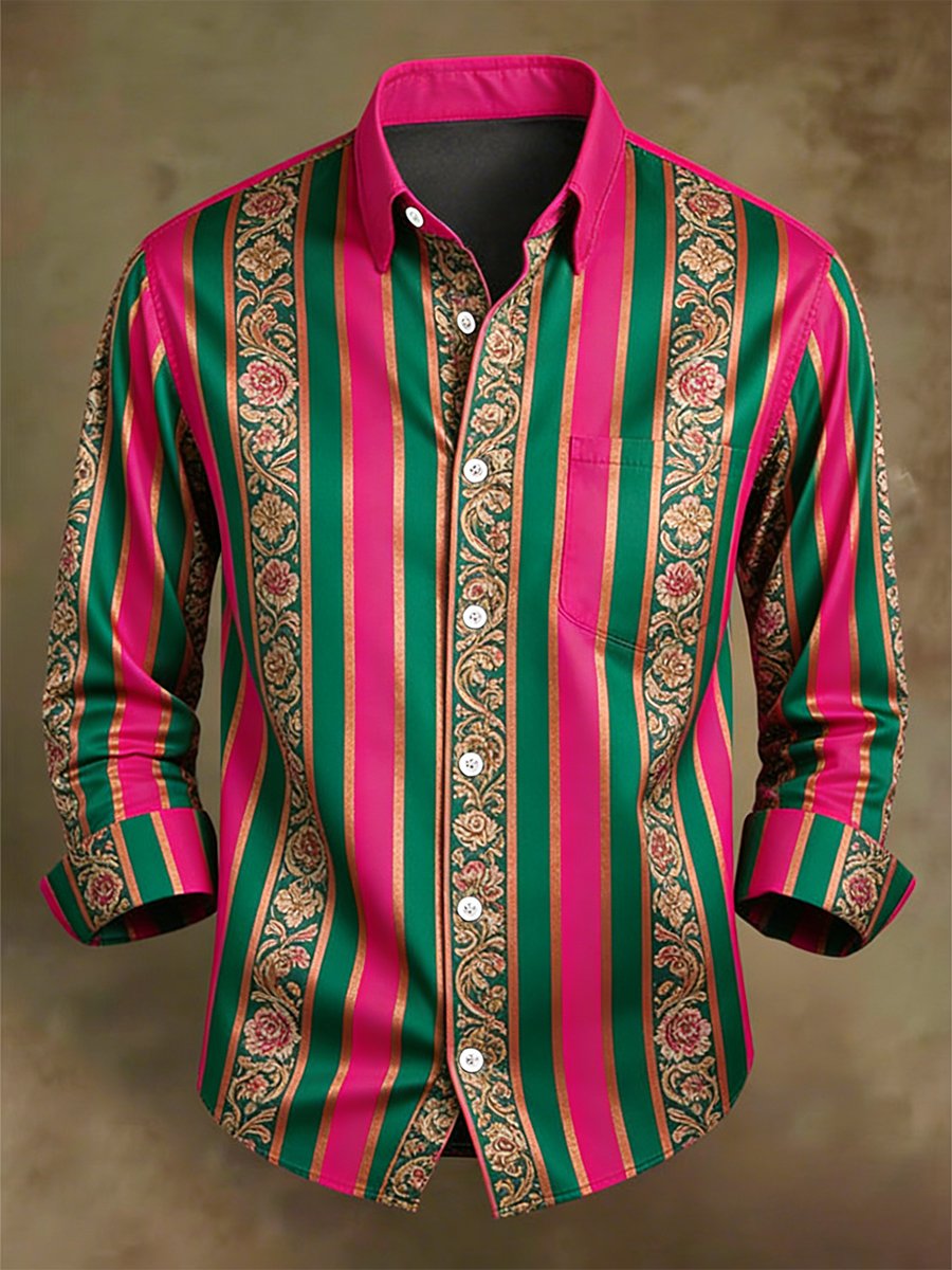 Camisa retro ejecutivo casual Baroque a rayas de manga larga para hombre
