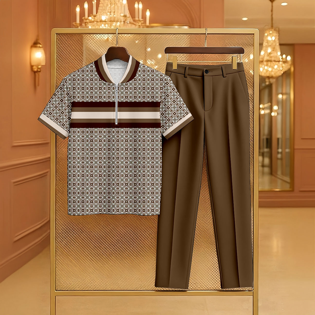 Conjunto de dos piezas casual Coffee & Khaki Color Matching vintage Checkered estampado Zipper de manga corta camisa polo & Trousers para hombre