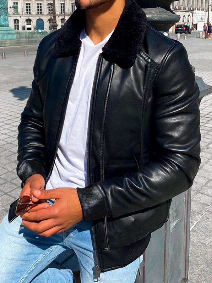 Chaqueta Punk casual Plush Faux cuero para hombre