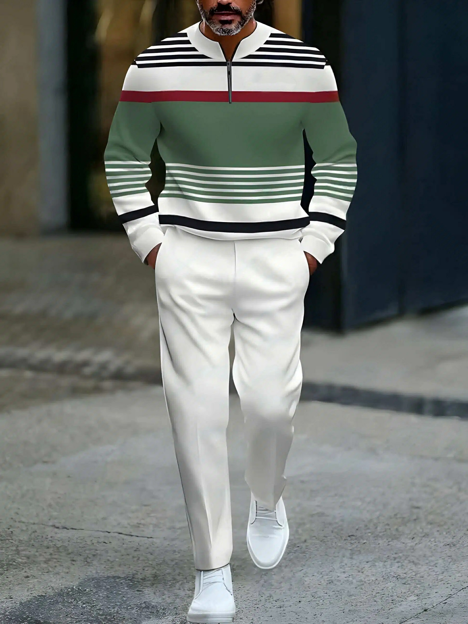 Conjunto de dos piezas casual Green & White Color Matching a rayas estampado Round-Neck cierre de manga larga Tops & Trousers para hombre