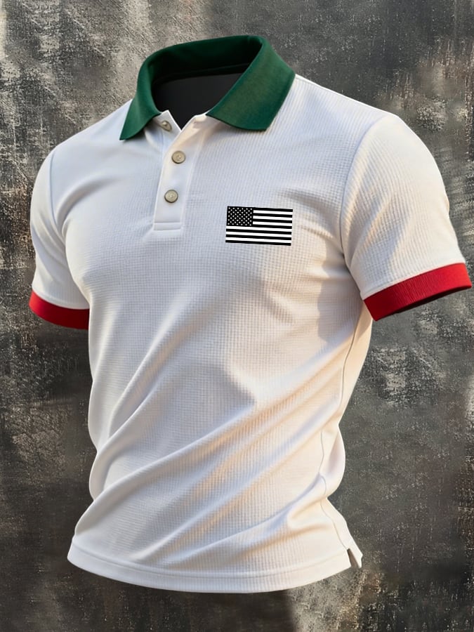 Camisa polo retro "Patriot" Color-Block tejido tipo waffle de manga corta para hombre