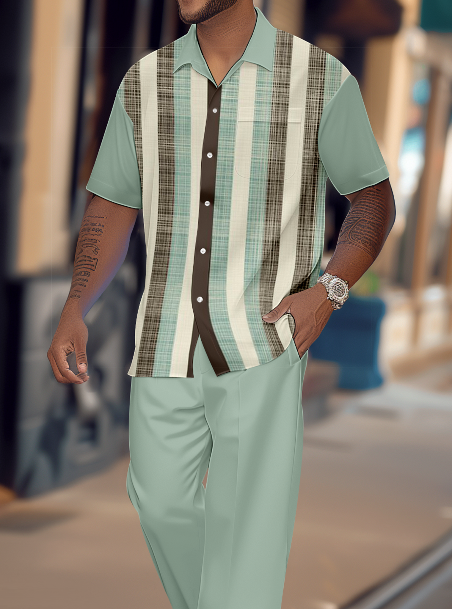 Camisa Gradient en bloques de color de manga corta Walking Suit 1144 para hombre
