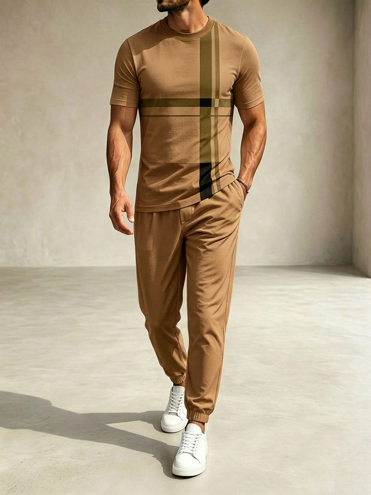 Conjunto de dos piezas casual Brown Color Matching Geometric estampado Round Neck camiseta & pantalón para hombre