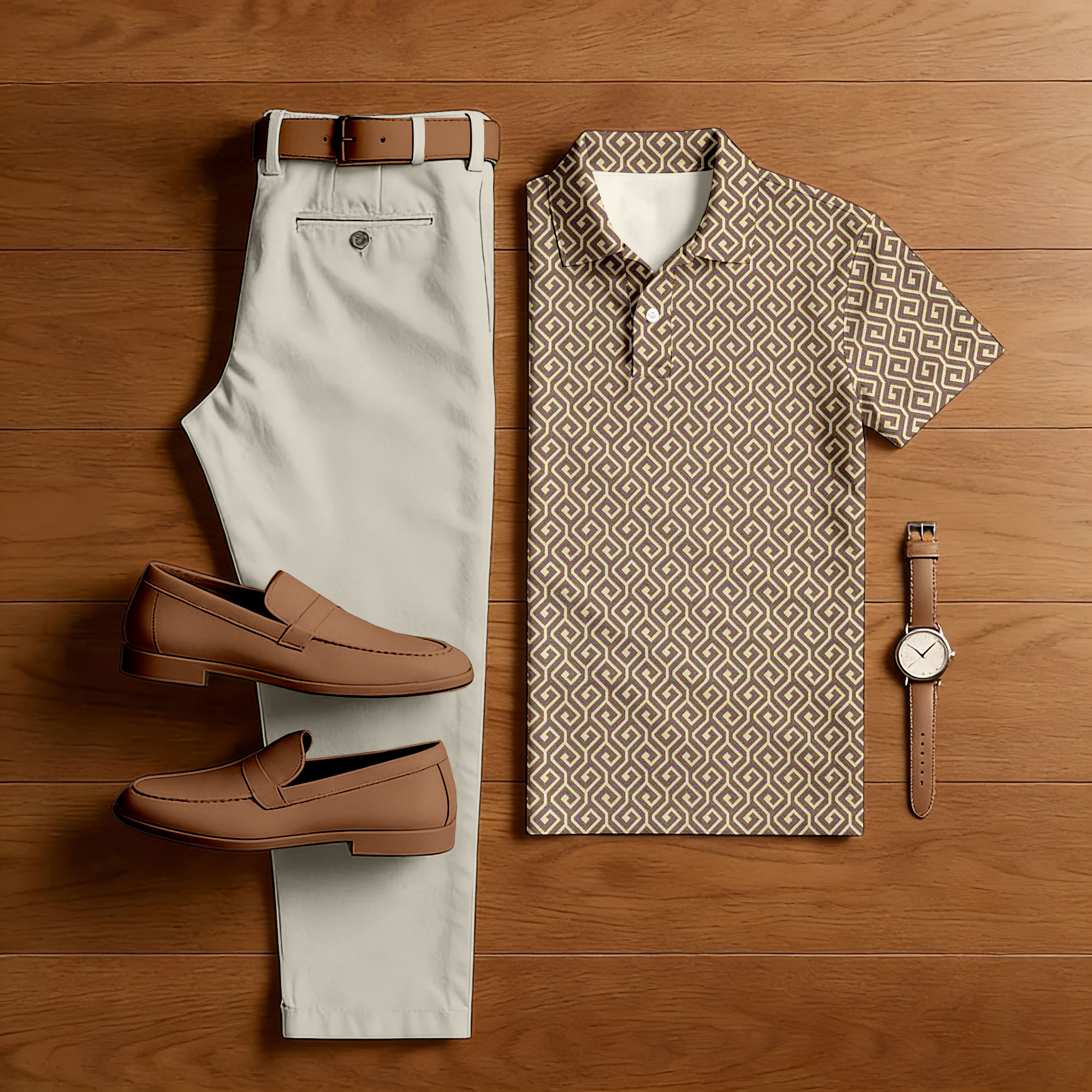 Conjunto de dos piezas casual Coffee & Beige Color Matching retro estampado de manga corta camisa polo & Trousers para hombre