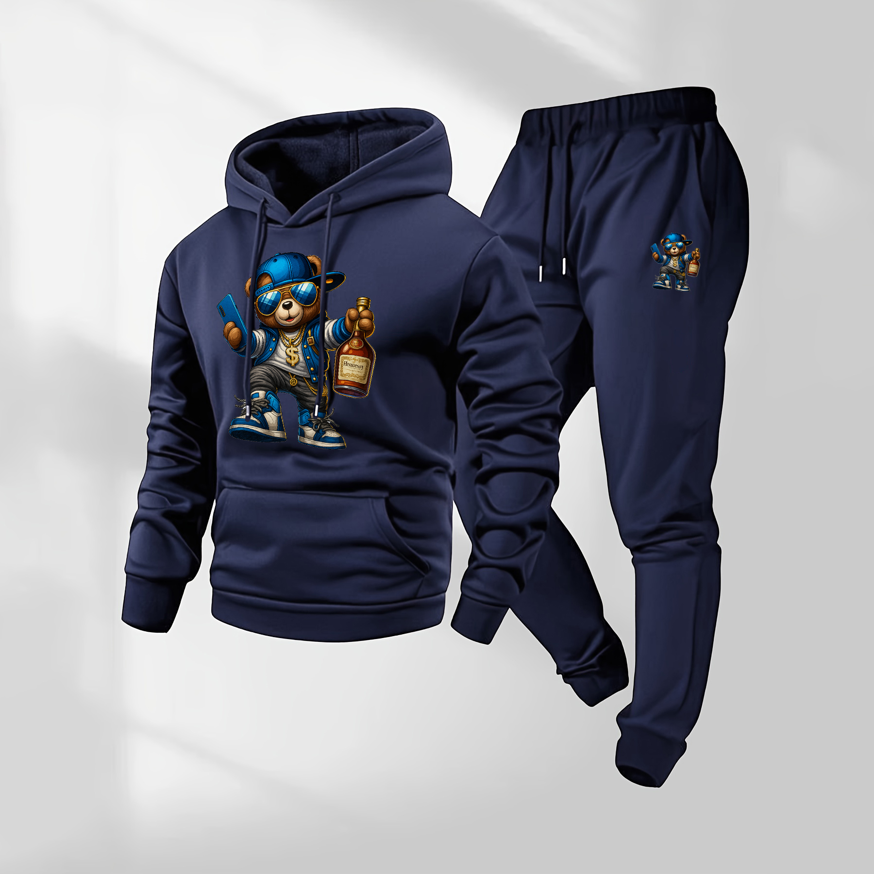Sudadera con capucha Cartoon Bear Patterned And Drawstring Track pantalón Set, casual Athletic de manga larga Hooded chaqueta And pantalón, Suitable For Fall And Winter, Street Style sudadera con capucha Set, Everyday Wear, Indoor And para exterior Sportswear, para hombre