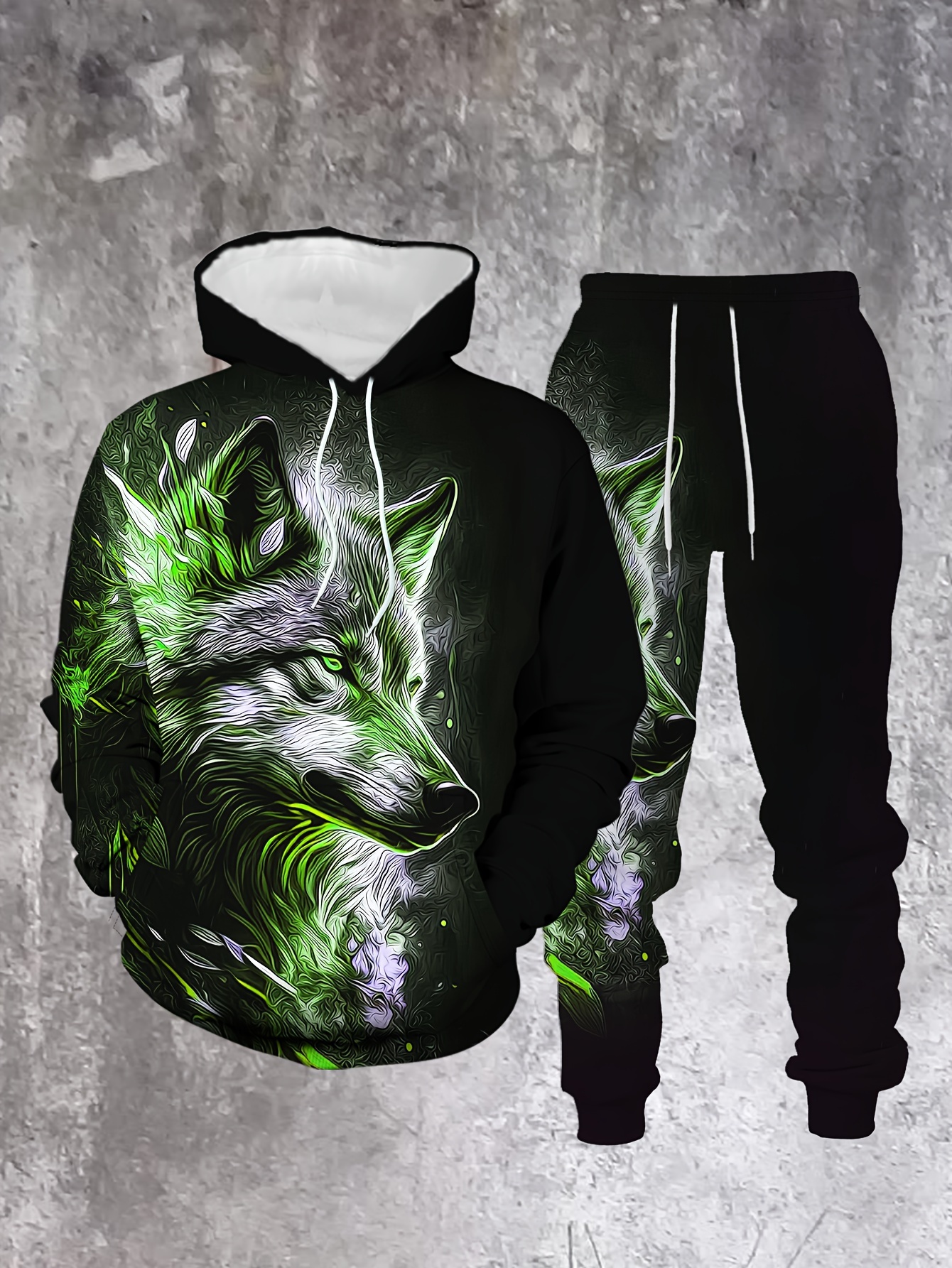 Conjunto de dos piezas casual "The Wolf" estampado sudadera con capuchas de manga larga sudaderas & Sweatpantalón para hombre