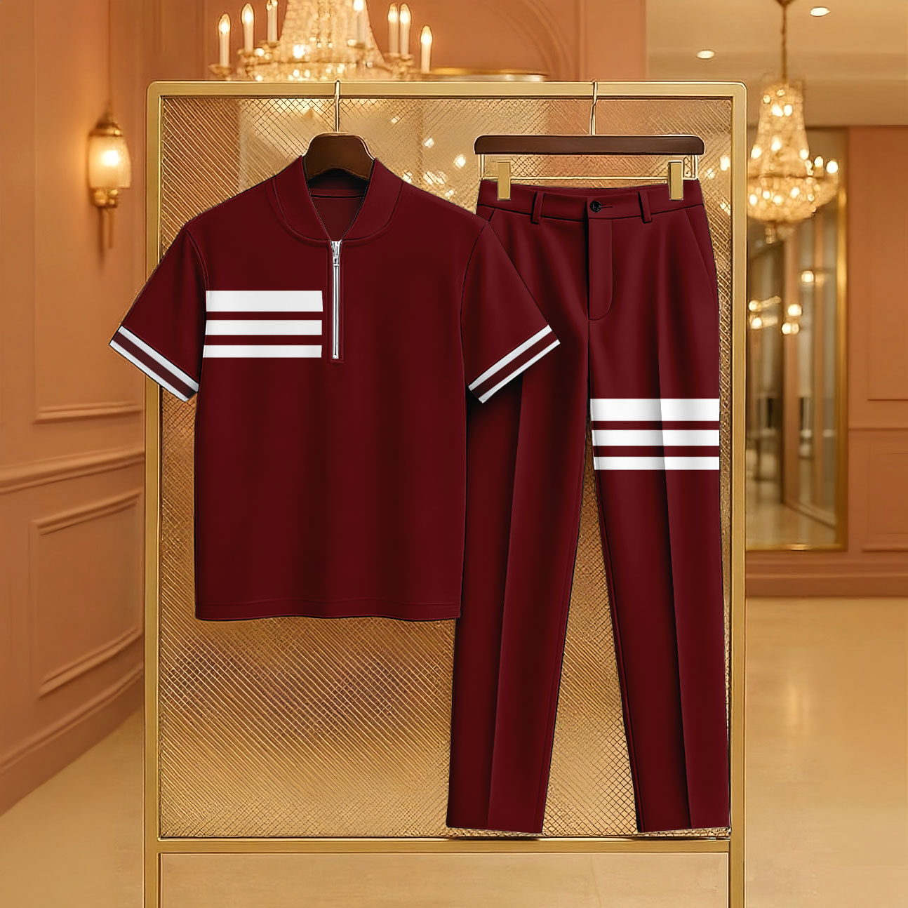 Conjunto de dos piezas casual Maroon Color Matching a rayas estampado Zipper de manga corta camisa polo & Trousers para hombre