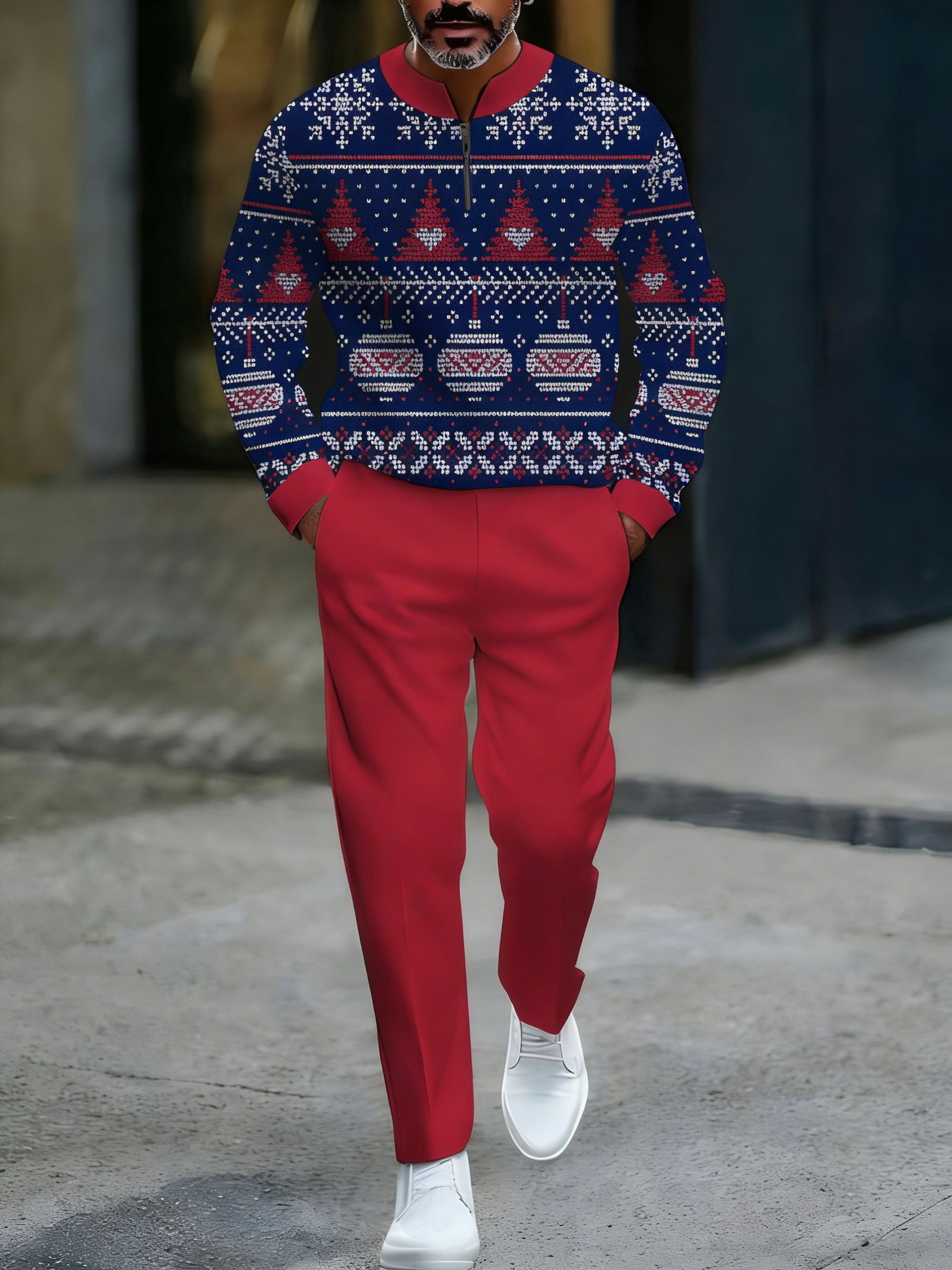 Conjunto de dos piezas casual Navy & Red Color Matching Christmas estampado Round-Neck Zipper de manga larga sudadera & Trousers para hombre