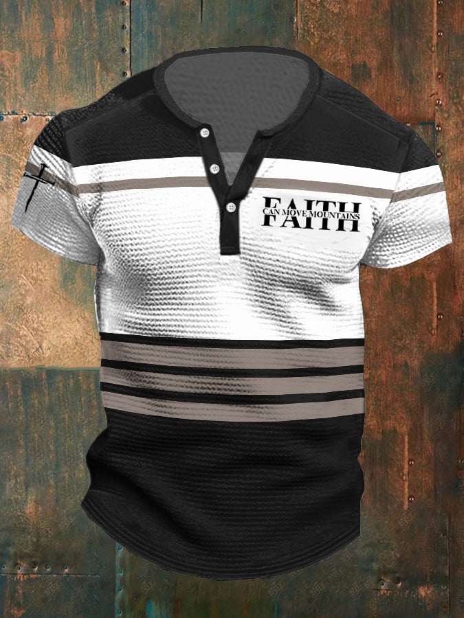 Camisa Faith Can Move Mountains estampado Contrast Color Waffle Henley para hombre