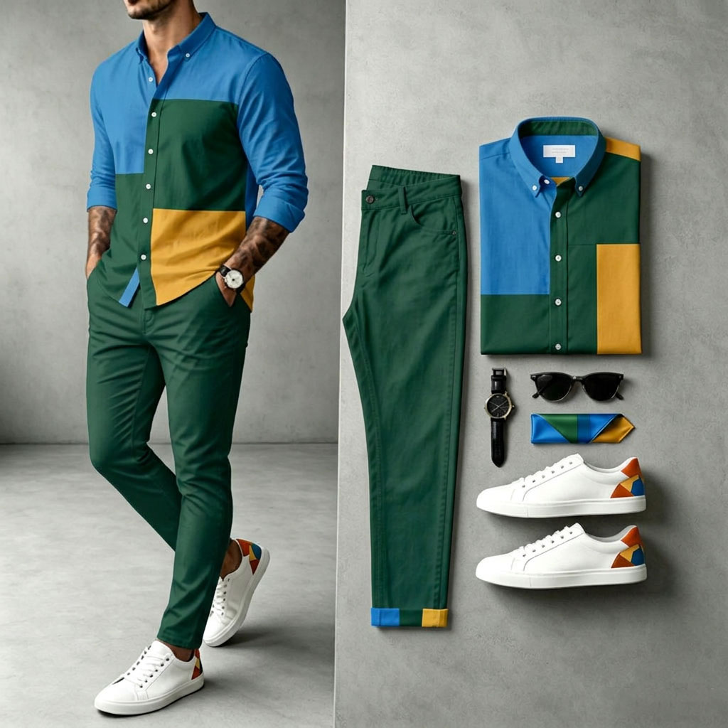 Camisa Two-Tone de manga larga and pantalón Set para hombre