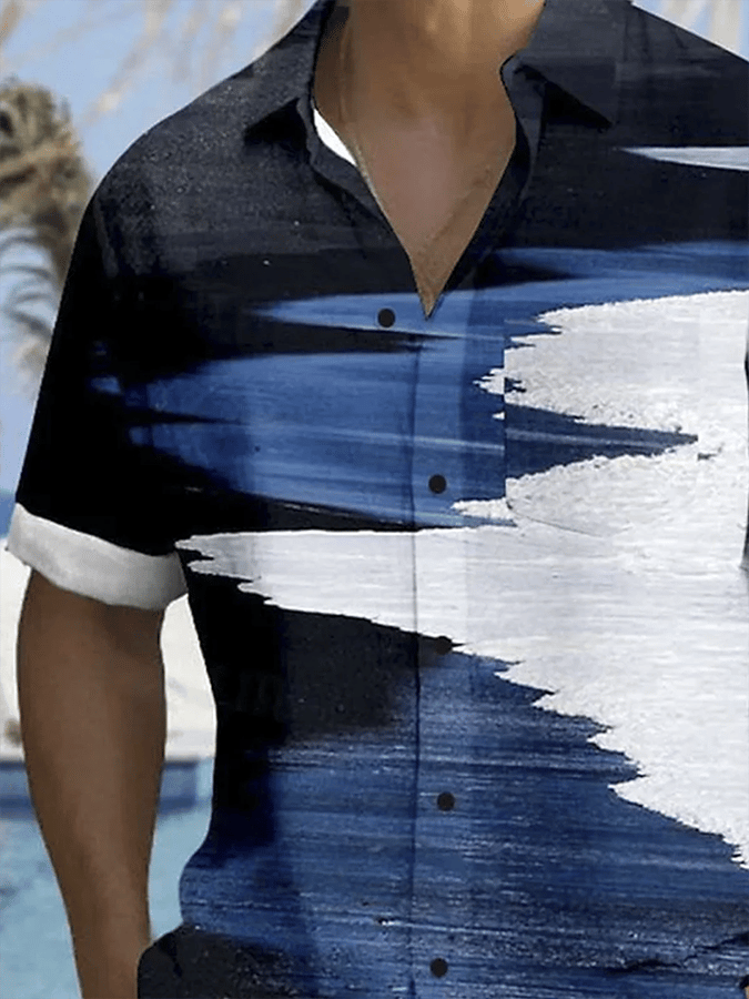Camisa retro degradado geométrico Art estampado de manga corta bolsillos para hombre