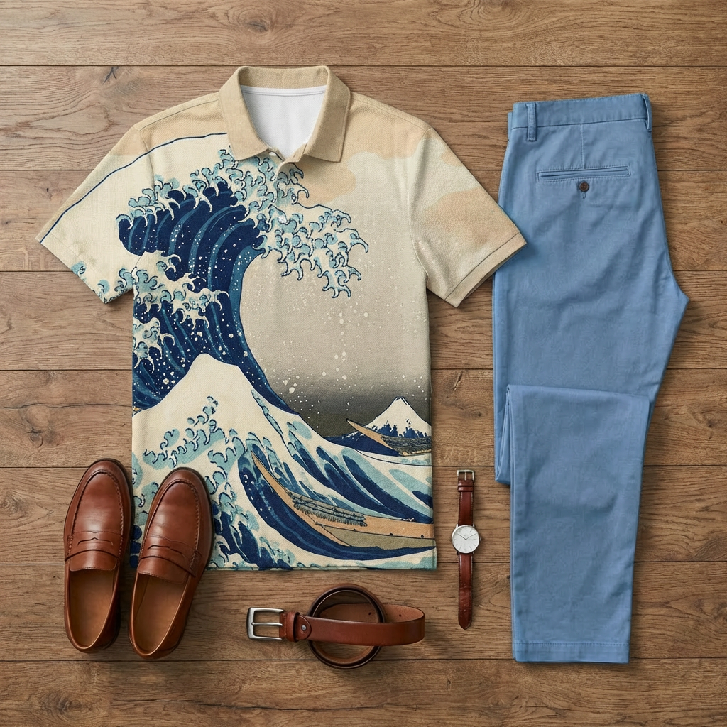 Conjunto de dos piezas casual Apricot Waves estampado de manga corta camisa polo And Trousers para hombre