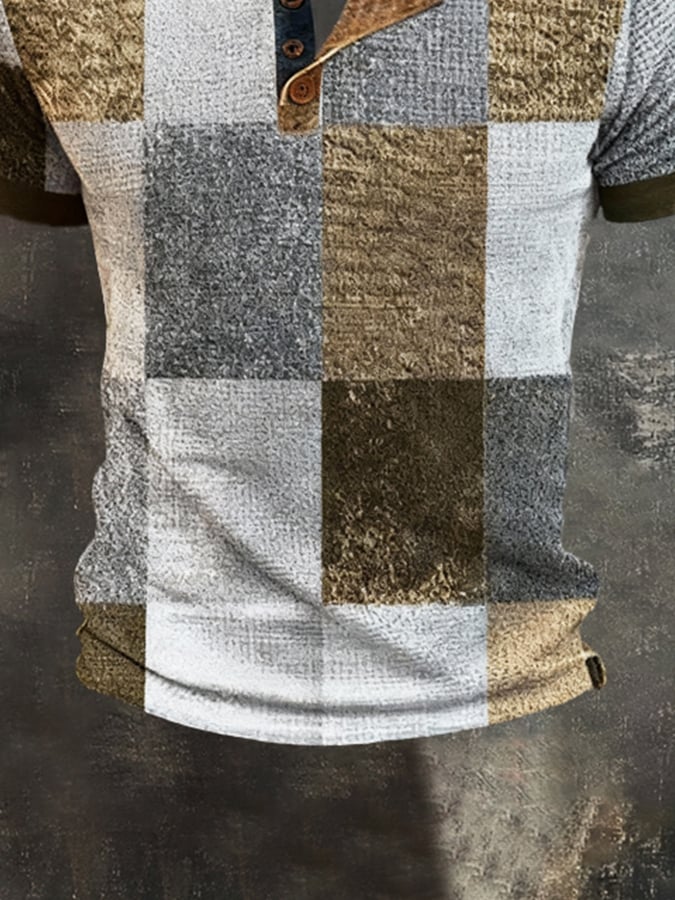 Camiseta vintage-Style Color-Block de manga corta With Henley cuello para hombre