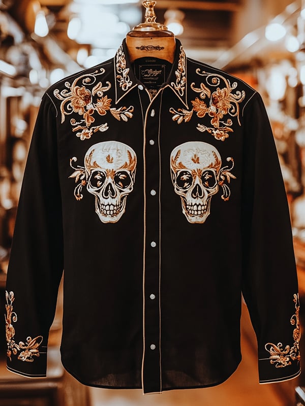 Camisa retro casual Skull estampado de manga larga para hombre