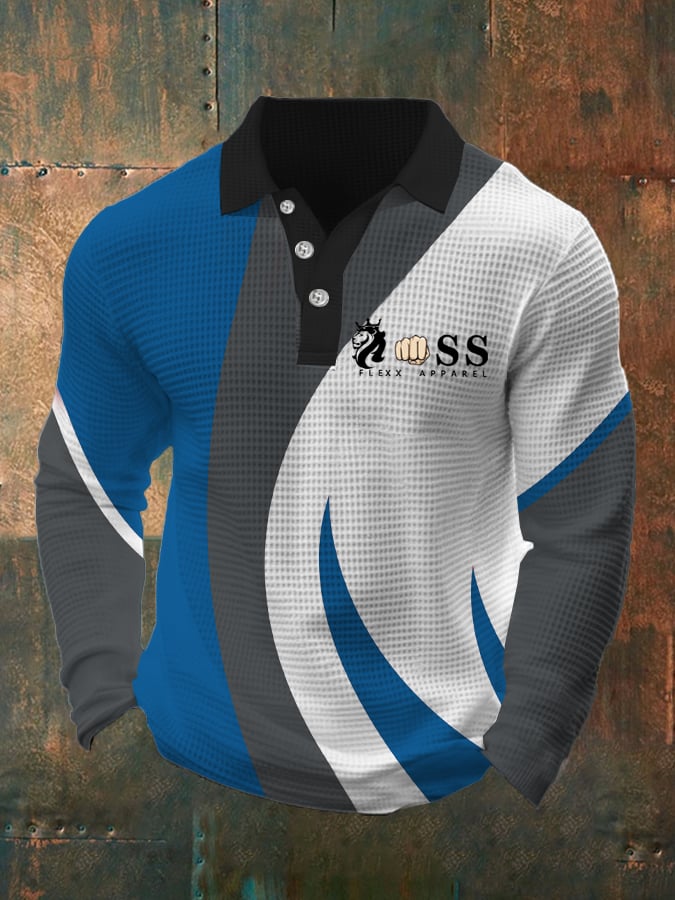 Camisa polo retro Letter Design Waffle Fabric de manga larga para hombre