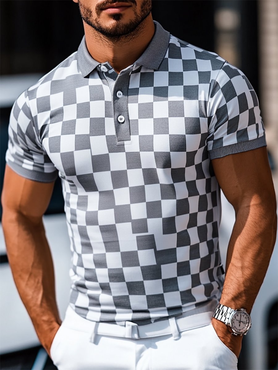 Camisa polo casual ejecutivo geométrico Button de manga corta para hombre
