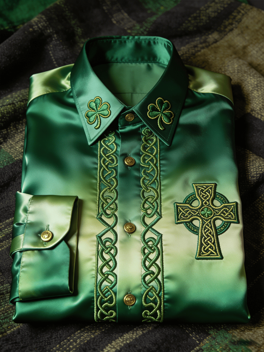 Camisa St. Patrick's Day retro Art estampado de manga larga para hombre