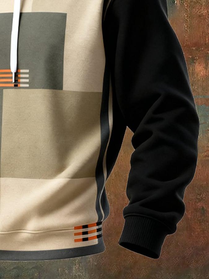 Sudadera retro desgastado en bloques de color estampado casual de manga larga para hombre