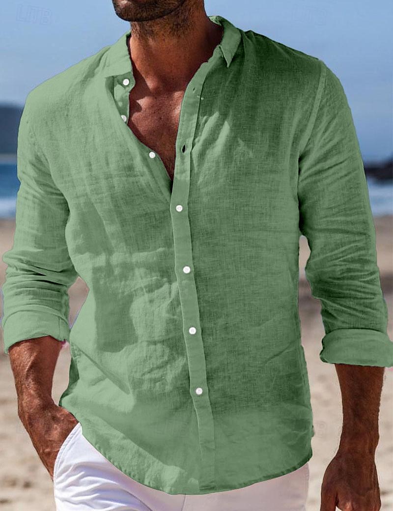 Camisa de lino camisa Summer camisa Beach Wear Button Up camisa Plain casual para uso diario Black White Pink Navy Blue de manga larga Turndown Spring & Summer Clothing Apparel para hombre - vista 8
