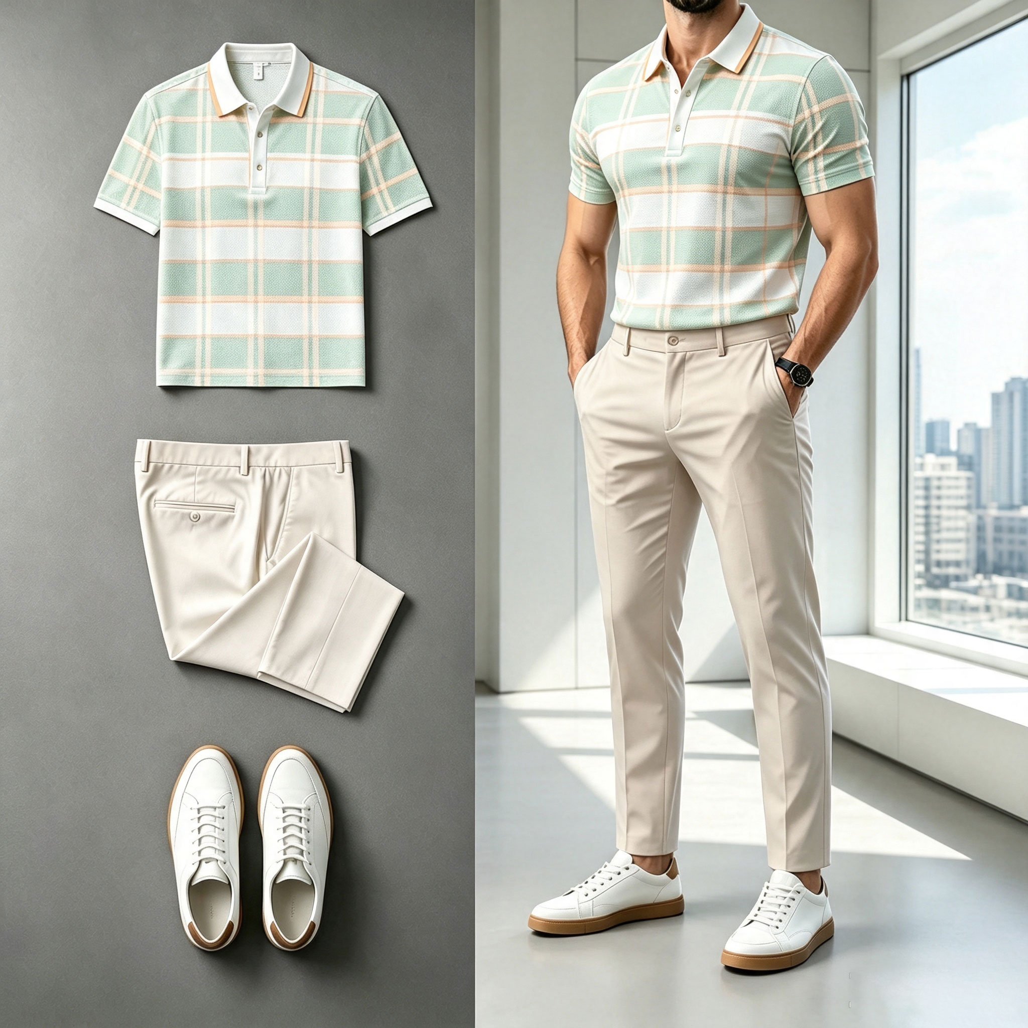 para hombre Checkered de manga corta camisa polo and pantalón Set