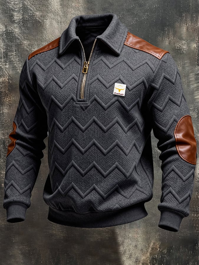 Sudadera retro jacquard texturizado Patchpara trabajo Comfortable Color-Blocked con cierre para hombre