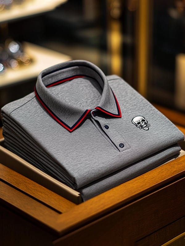 Camisa polo ejecutivo casual Skull estampado con botones para hombre