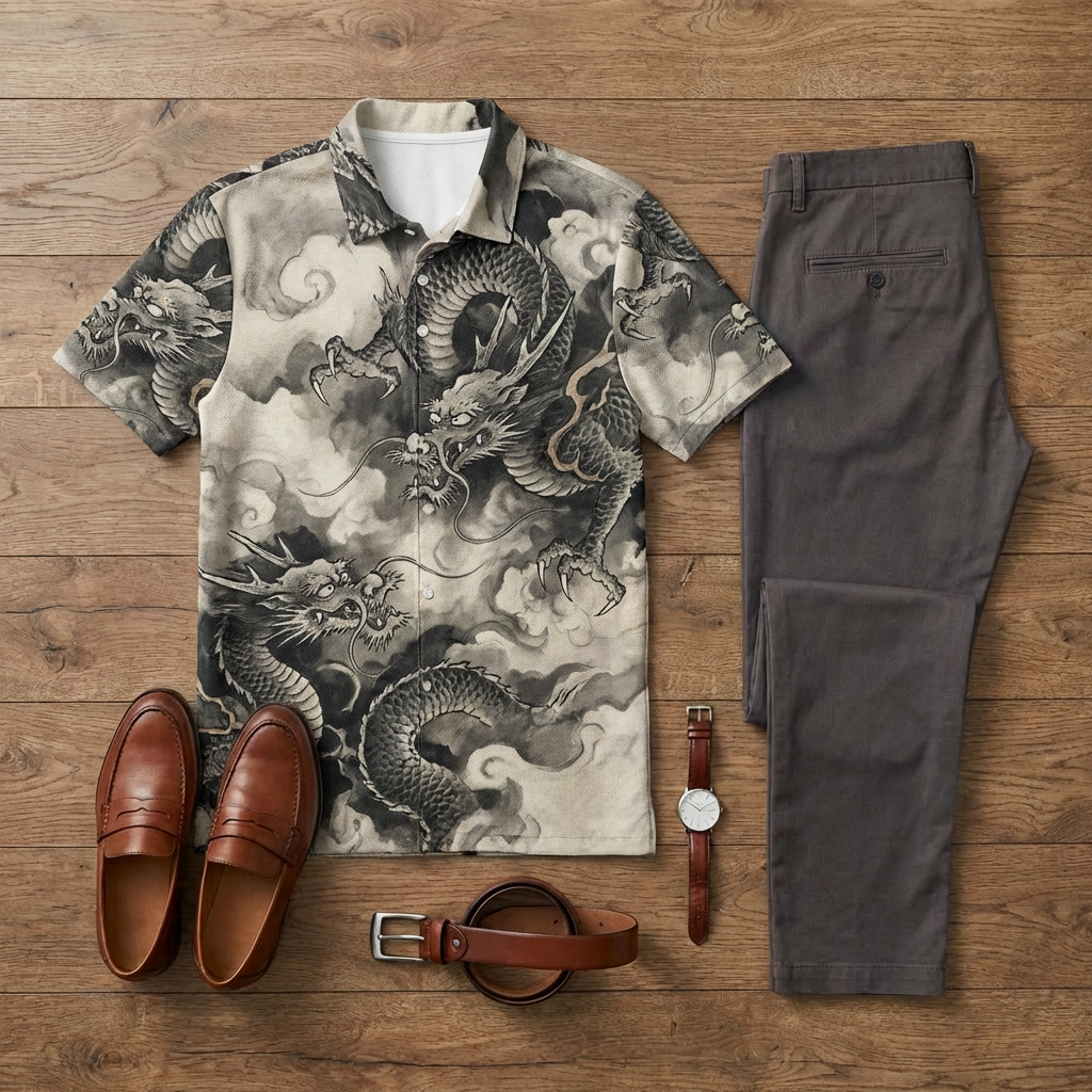 Conjunto de dos piezas casual Black Dragon estampado de manga corta camisa polo And Trousers para hombre