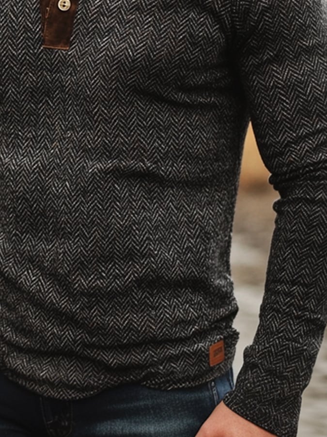 Camisa retro casual Herringbone Colorblock de manga larga Henley para hombre