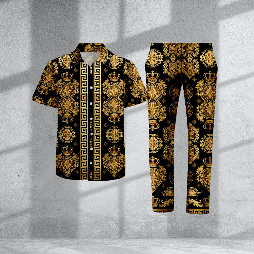 Conjunto de dos piezas casual Baroque Gold & Black Patterns estampado camisa polo And pantalón para hombre