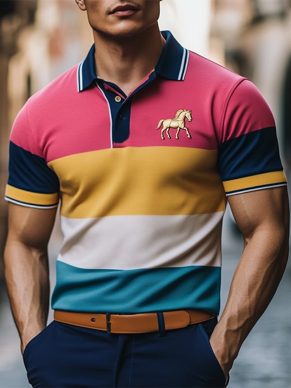 Camisa polo ejecutivo rayas con botones de manga corta para hombre