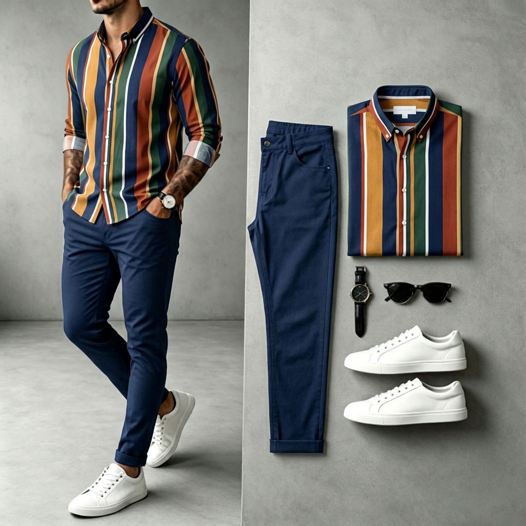 Camisa Two-Tone de manga larga and pantalón Set para hombre