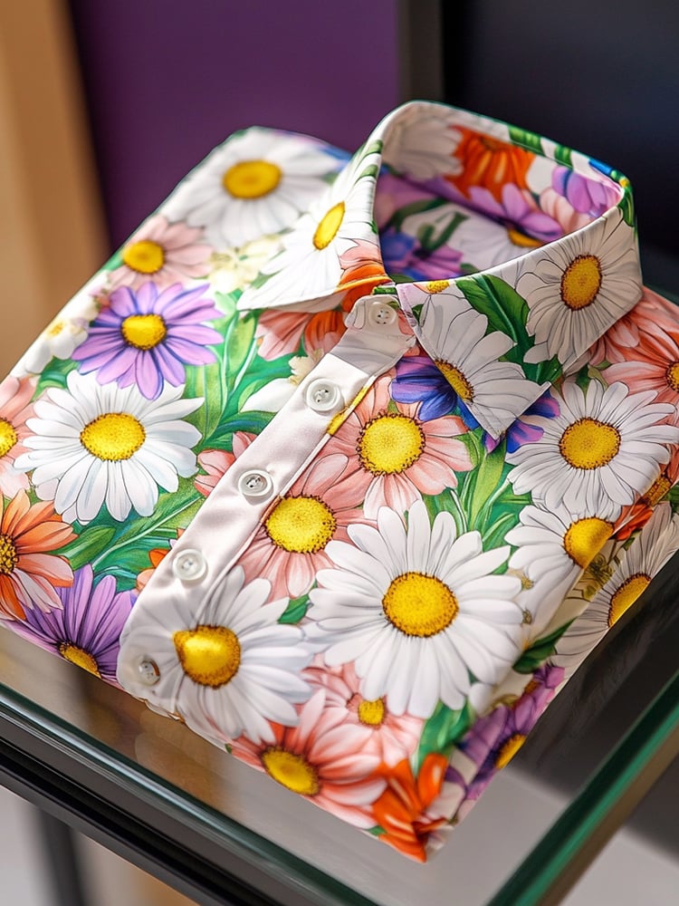 Camisa satén Luxe hawaiano Daisy All Over estampado de manga corta Button para hombre