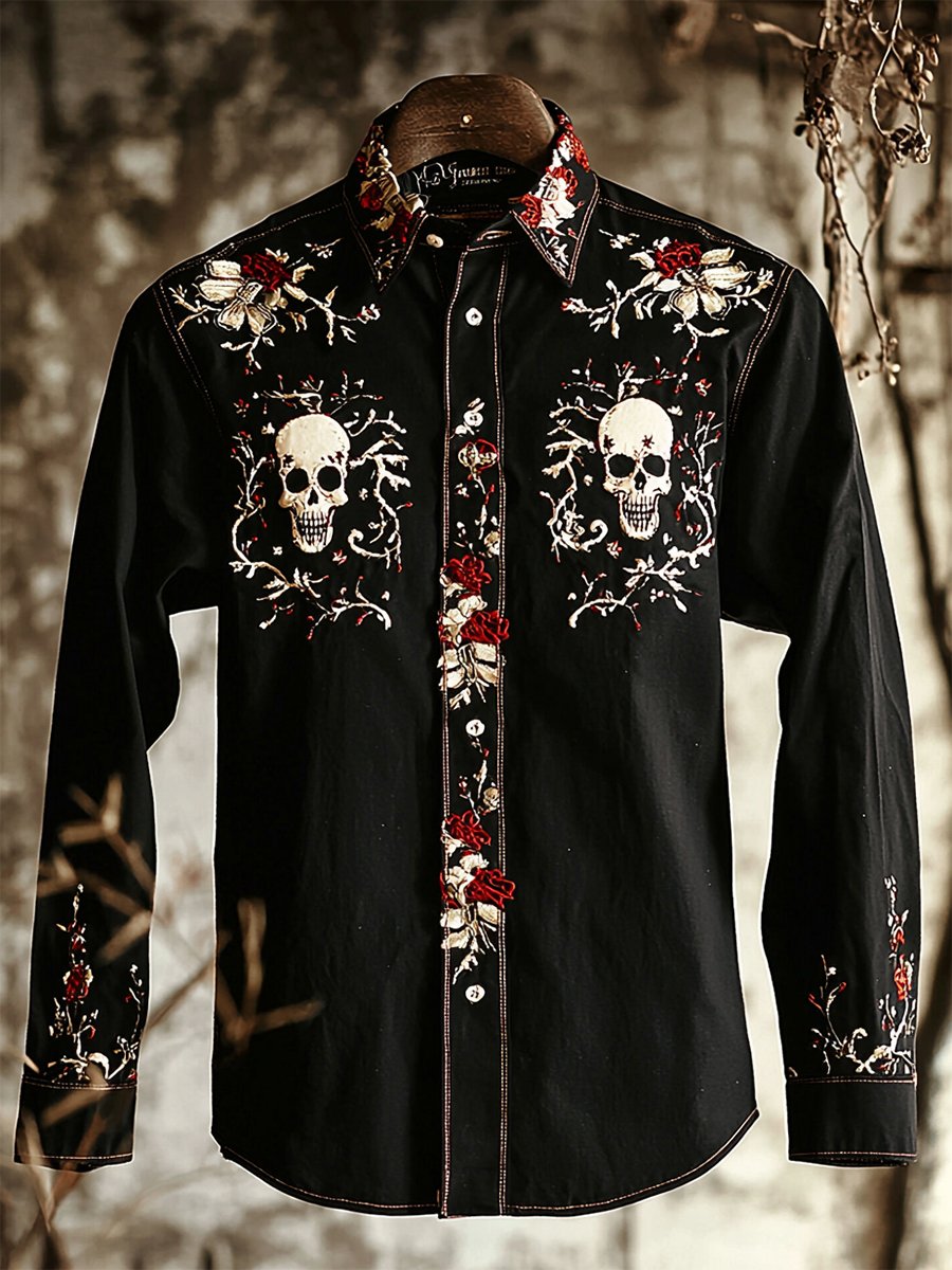 Camisa retro casual Skull estampado de manga larga para hombre