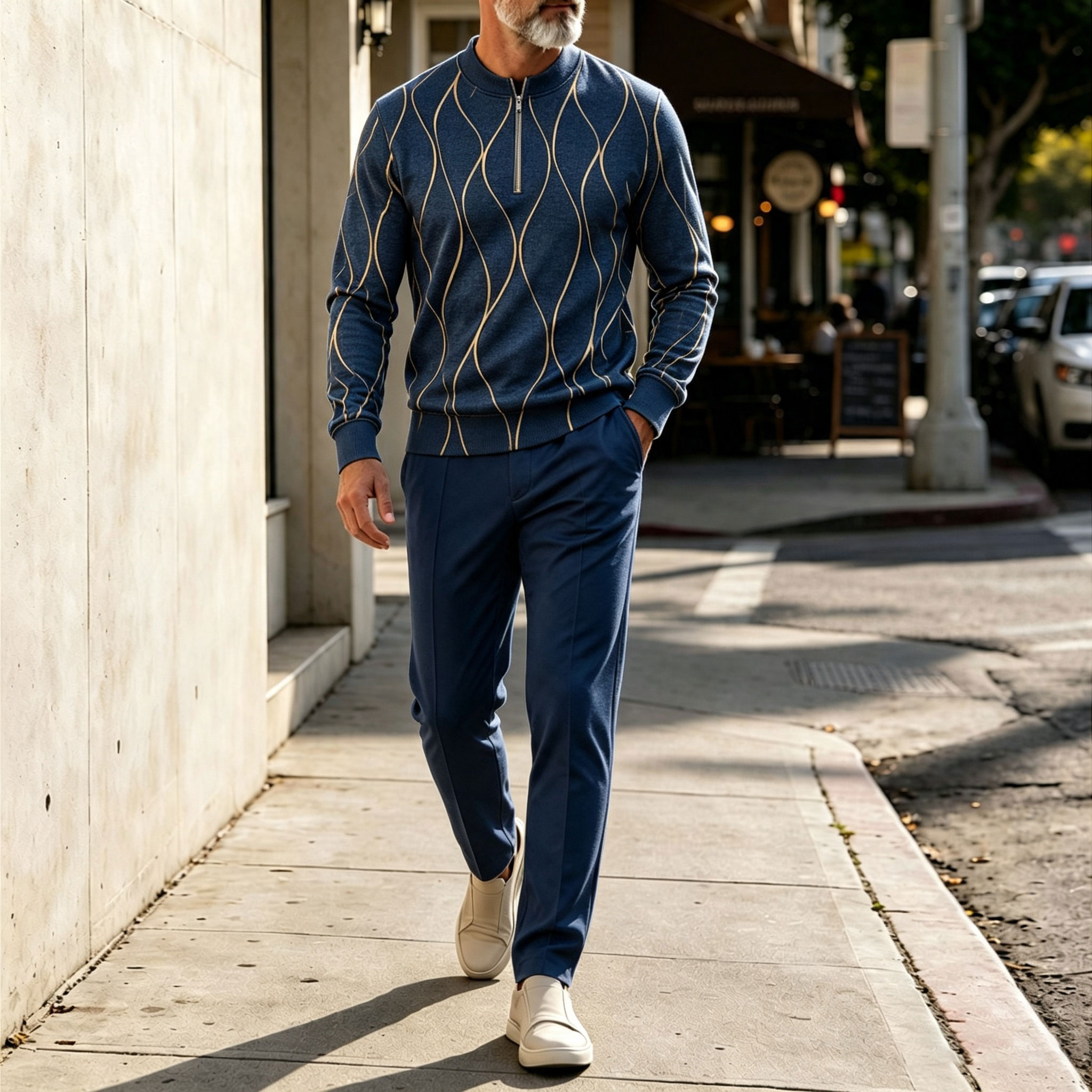 para hombre Blue Crew-Neck Zipper de manga larga camisa and pantalón Set
