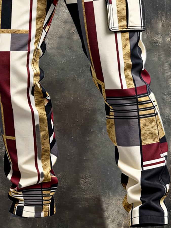 Pantalón retro en bloques de color desgastado bolsillo Cargo para hombre