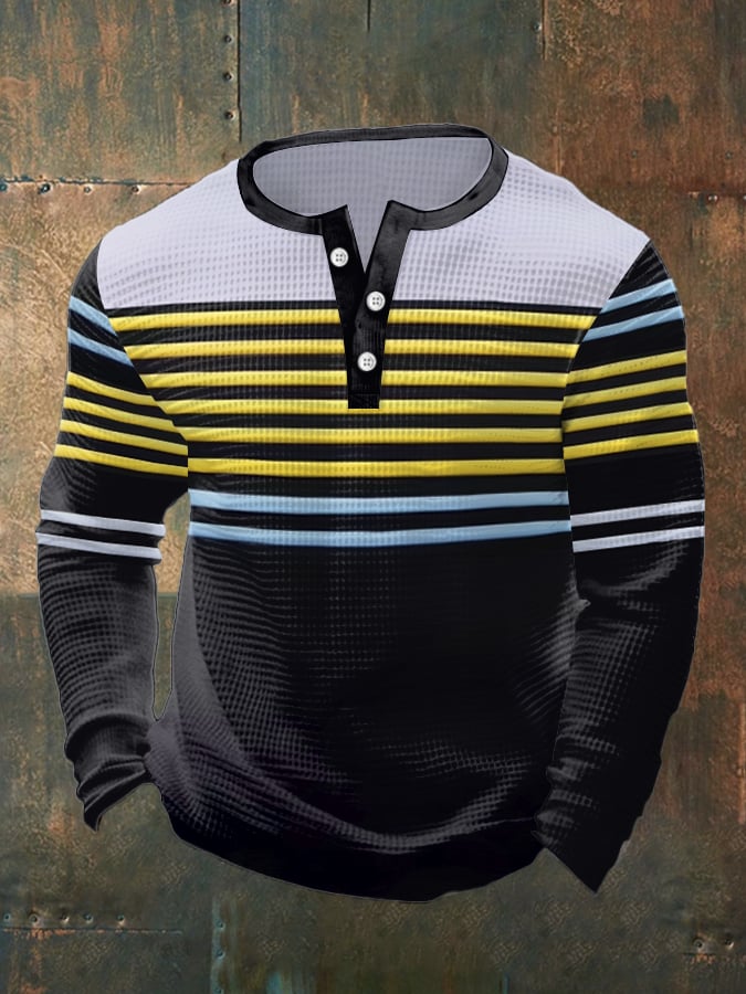 Camiseta vintage Waffle Color Patch Henley Neck para hombre