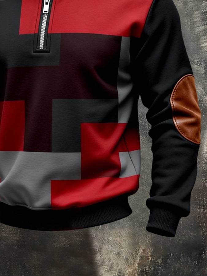 Sudadera vintage Color-Block estampado con cierre para hombre
