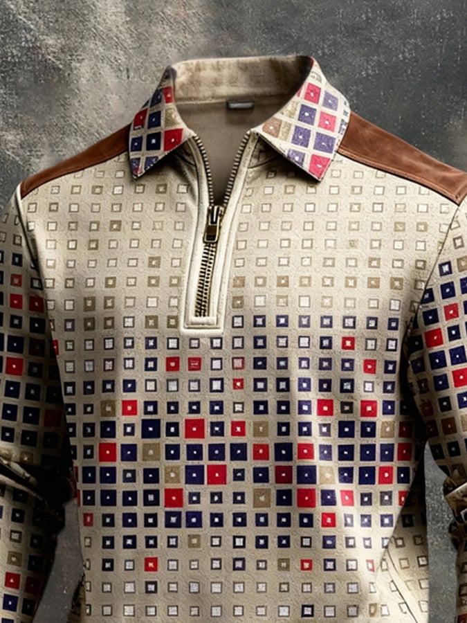 Sudadera retro en bloques de color estampado Color-Blocked con cierre para hombre