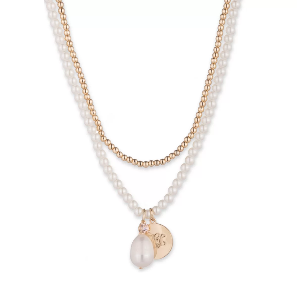 Gold Tone Double Row Pearl Pendant Necklace - 1