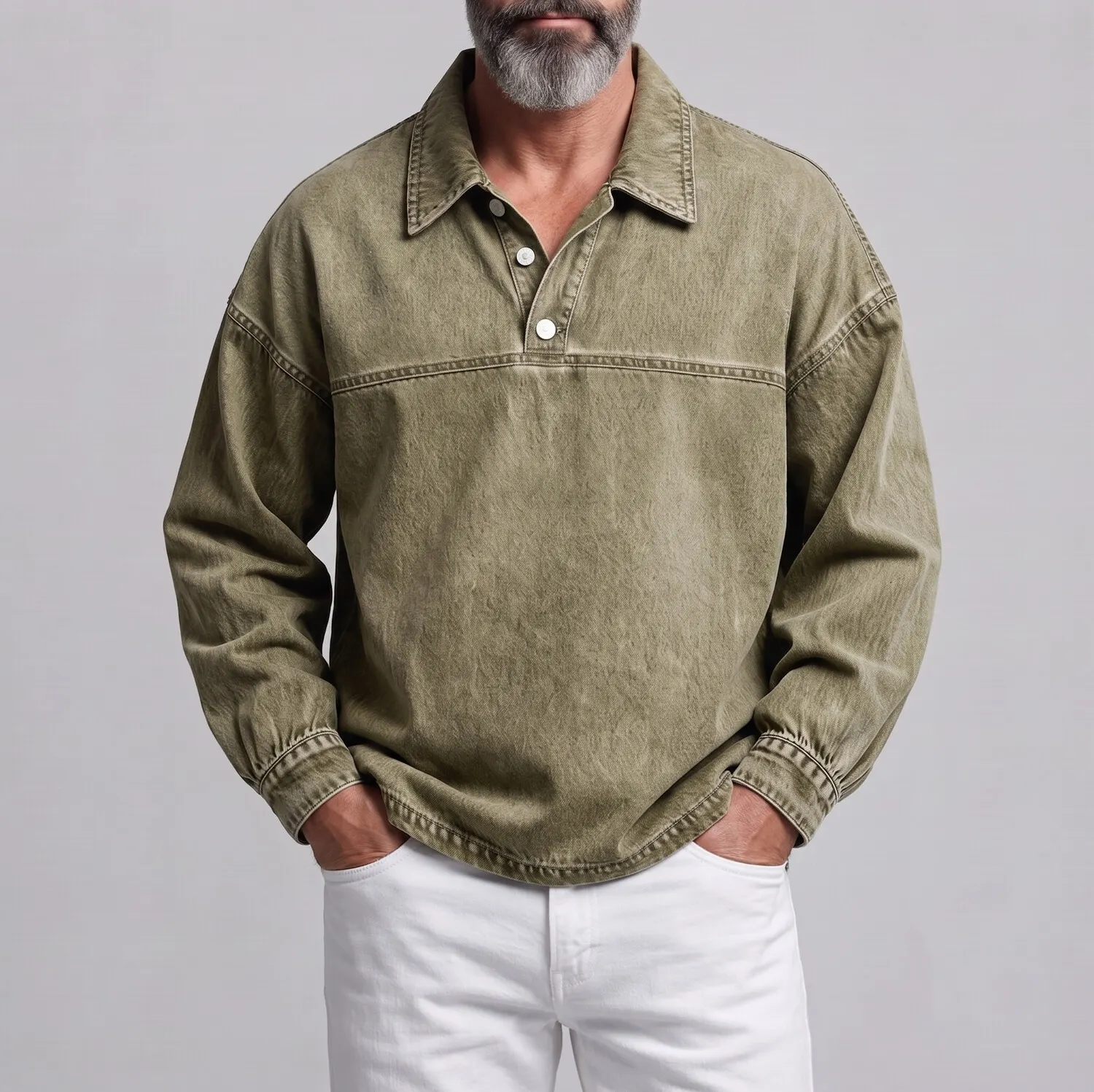 Sudadera retro de color sólido Turndown Collar Button Half Placket casual para hombre