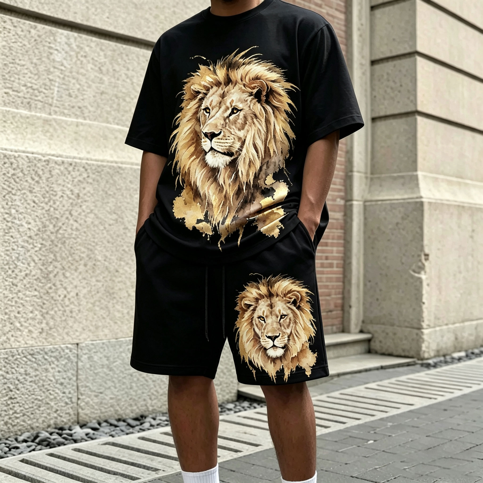 Conjunto de dos piezas casual Lion-estampado Round-Neck de manga corta camiseta and shorts para hombre