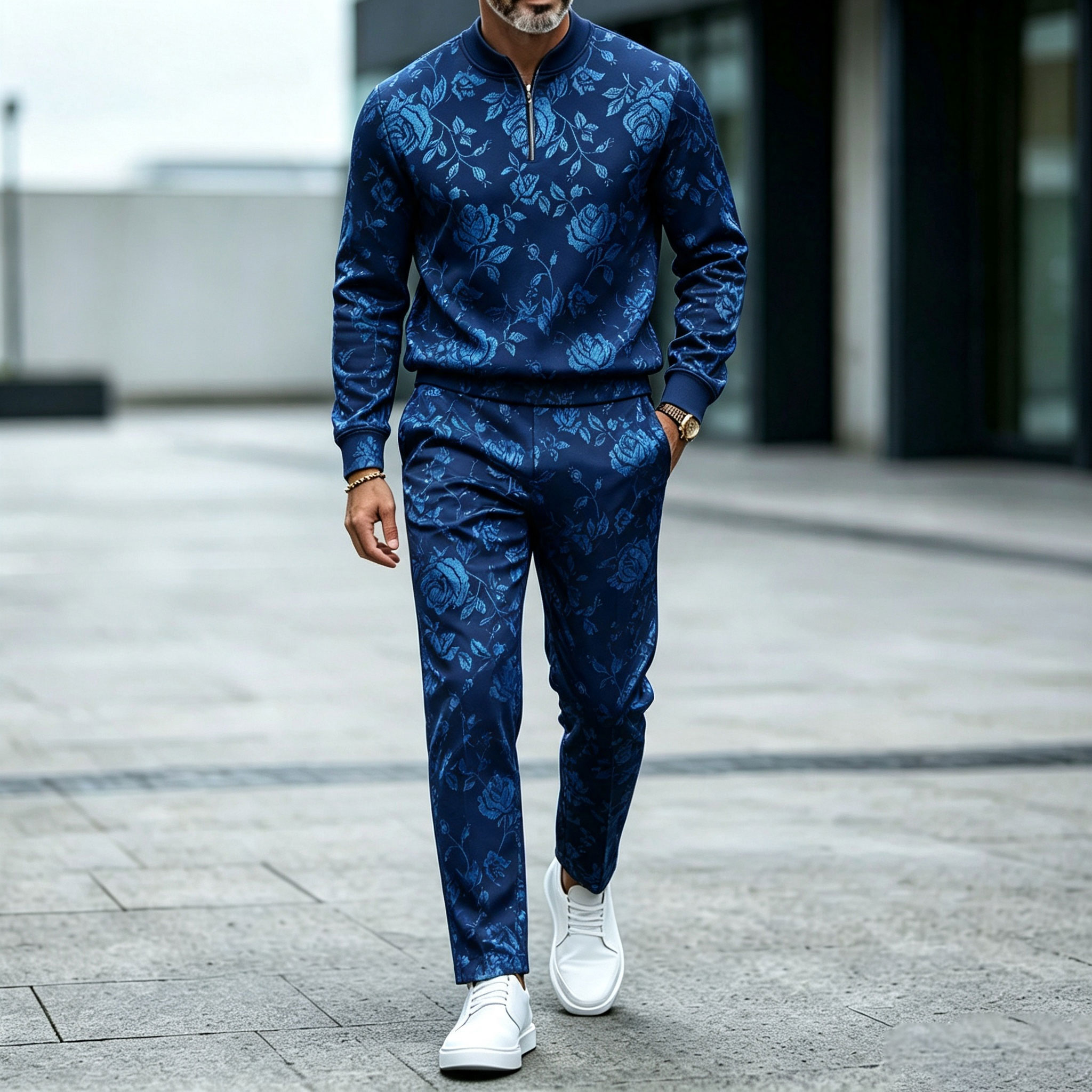 para hombre Blue Crew-Neck Zipper de manga larga camisa and pantalón Set