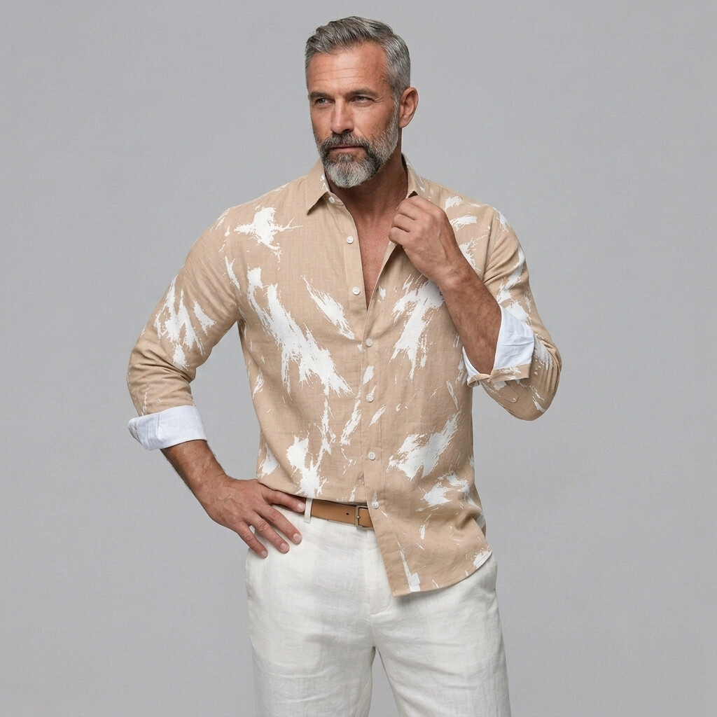 Camisa Abstract estampado Turndown Collar Button-up de manga larga para hombre