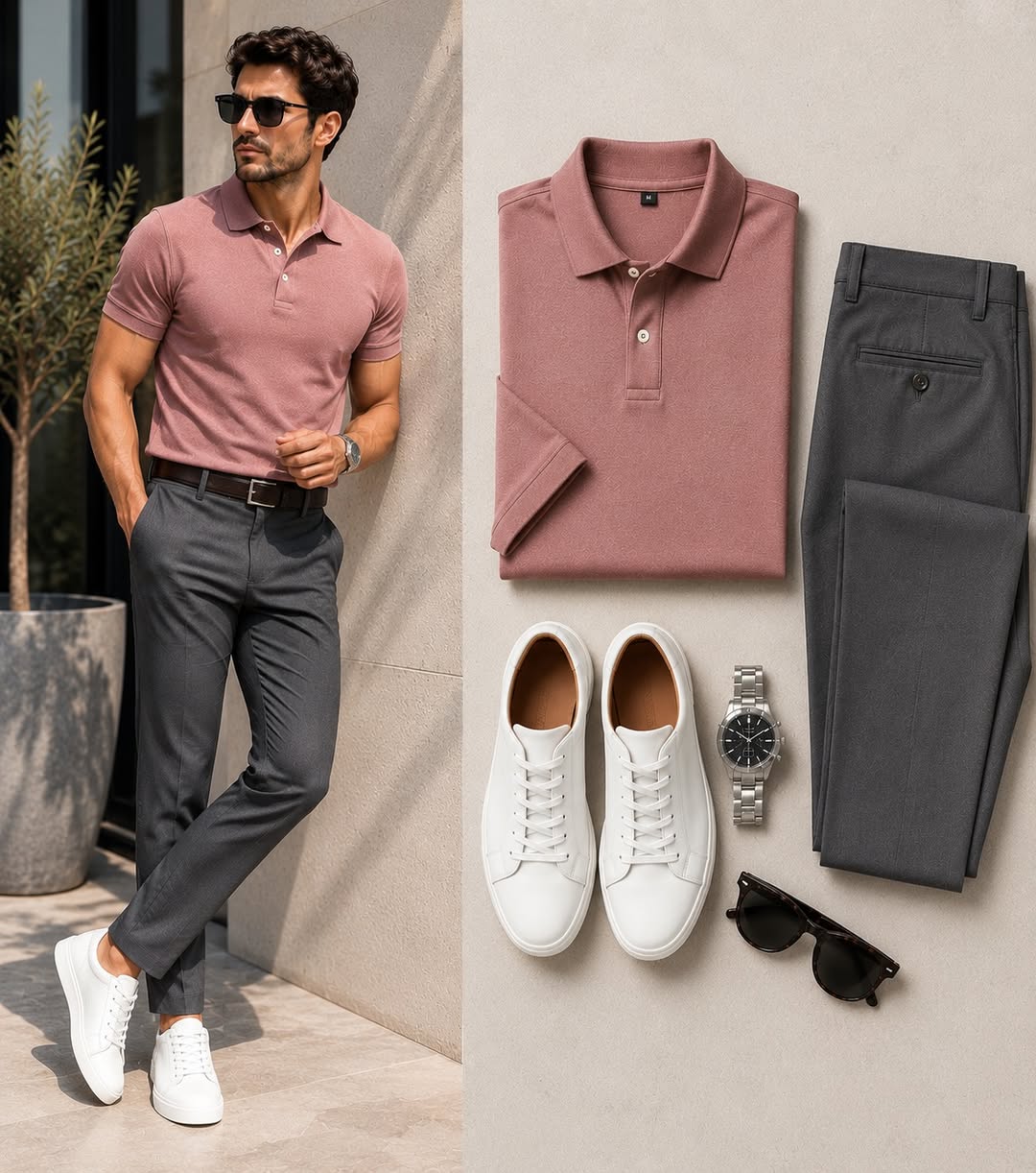 Conjunto de dos piezas casual Pink Color camisa polo & pantalón para hombre