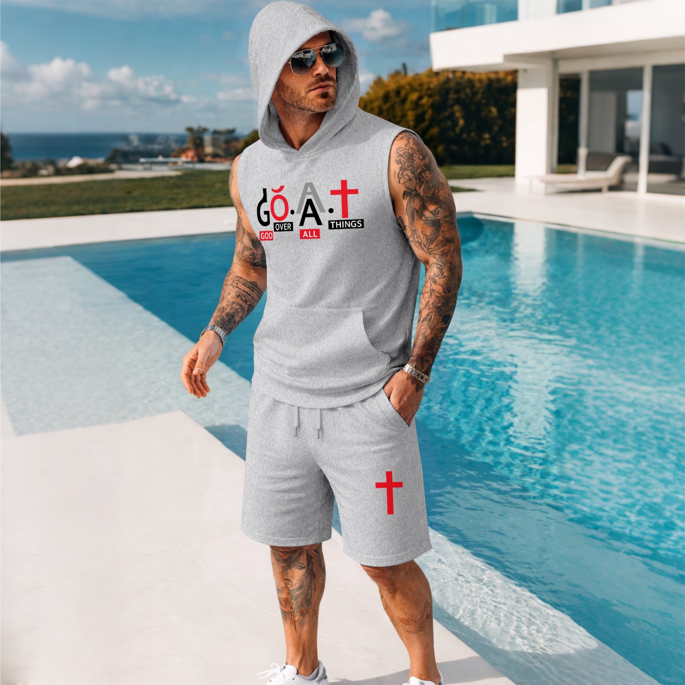 Sudadera con capucha Sleeveless & shorts Set – G.O.A.T Graphic estampado, Cross & Faith Design, casual Streetwear Summer Tracksuit, Urban Style Outfit, para uso diario Wear, Gym Ready, Lightweight Comfort Fit shorts para hombre