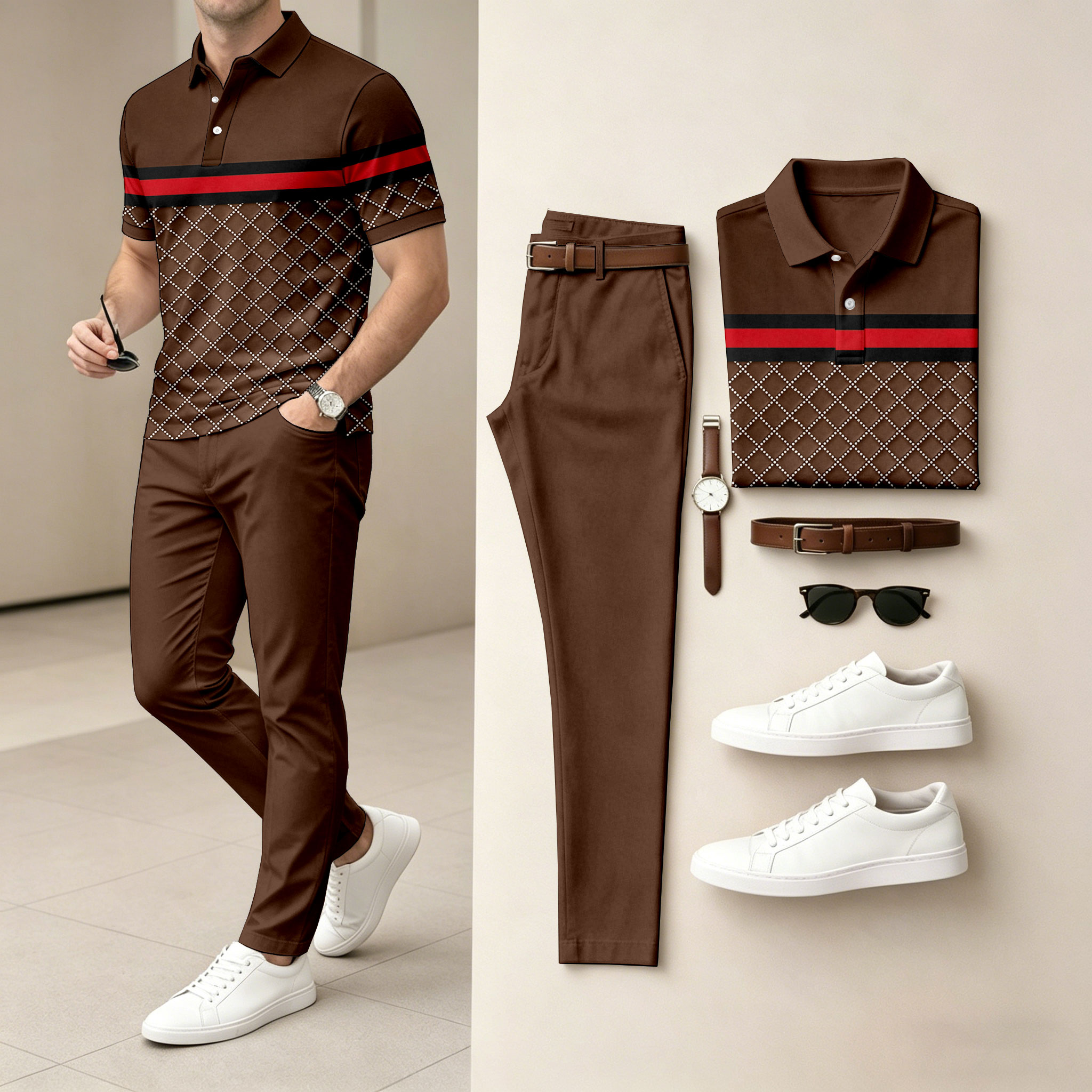 para hombre Diamond-Patterned de manga corta camisa polo and pantalón Set